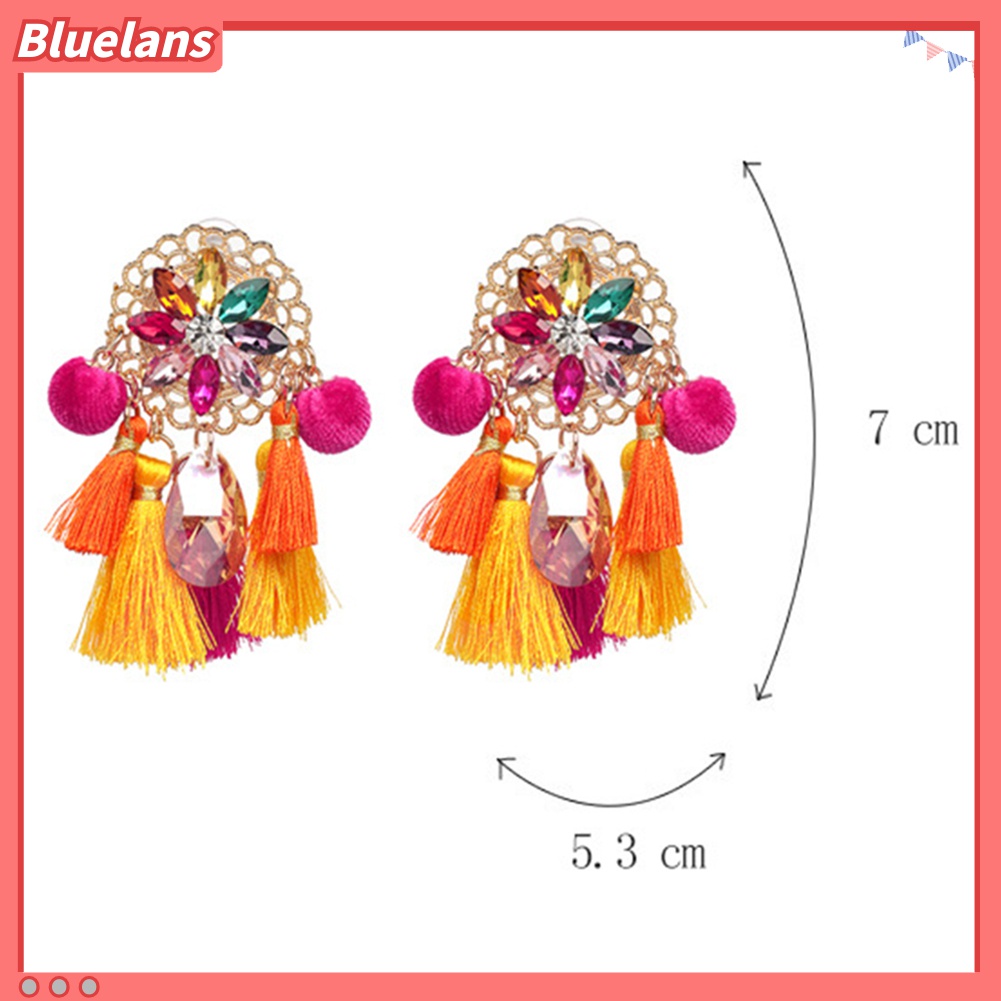 Anting Stud Panjang Rumbai Pompom Berlian Imitasi Gaya Boho Untuk Wanita