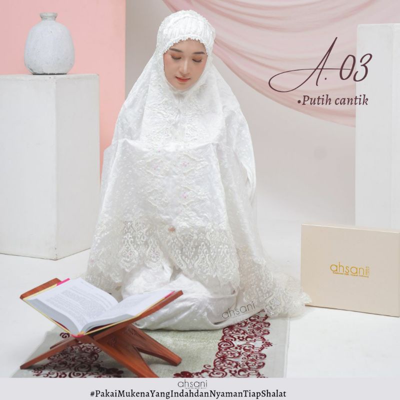 MUKENA A.O3 SUTRA FULL BORDIR DAUN ORIGINAL AHSANI DENGAN RENDA TILE PAYET MUTIARA
