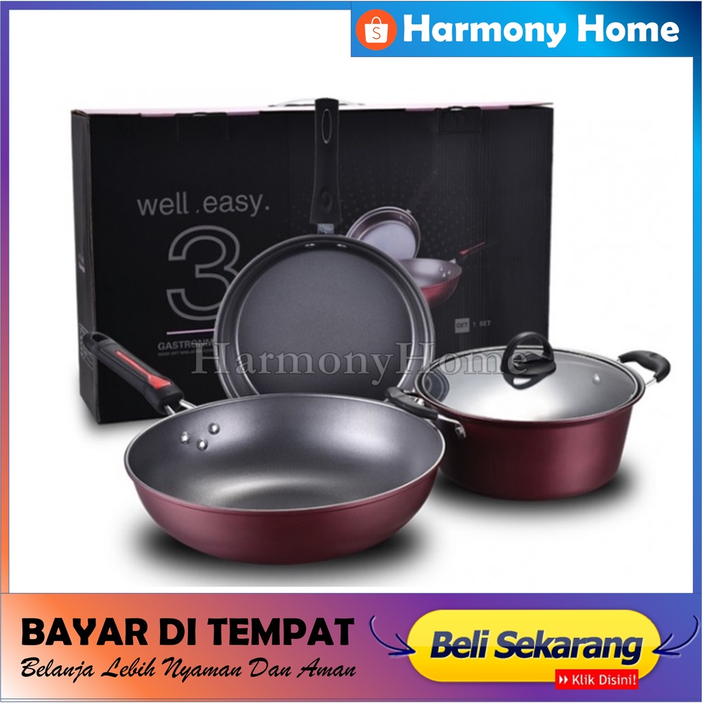 Panci Teflon Series Well Easy Set 3 Pcs - Wajan Set All in One Serbaguna - Terbaru