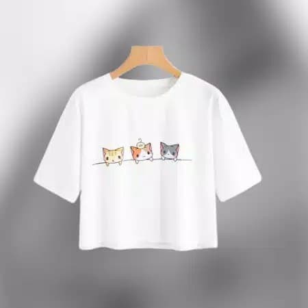 TBI Kaos Wanita Three Cat Kaos Crop Top 3 Cat T-Shirt Tumblr Tee