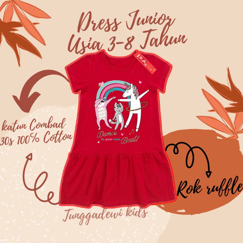 COD Dress Anak Perempuan Jurassix Motif BTS Rempel Kain Katun Usia 3-8 Tahun Lengan Pendek Premium M