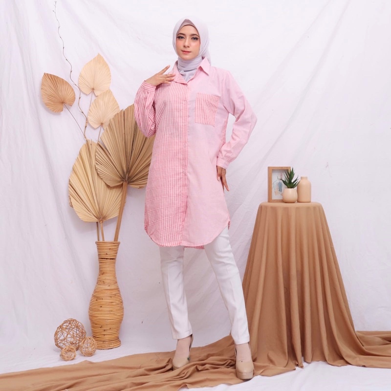 TUNIK KOMBINASI KOTAK MIX POLOS ABG FASHION MUSLIM