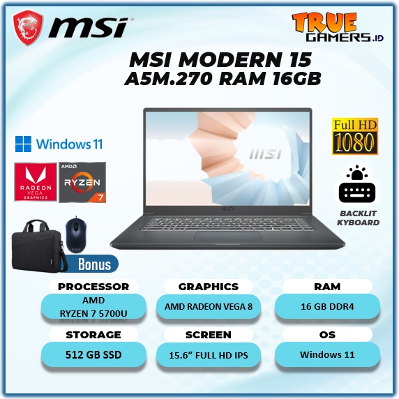 LAPTOP MSI MODERN 15 RYZEN 7 5700U RAM 16GB 512SSD WIN11 15.6FHD IPS