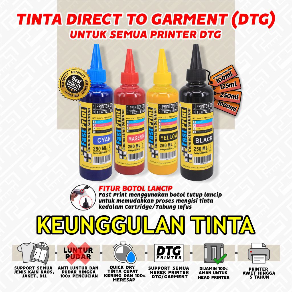 Tinta DTG Direct To Garment Textile Kaos 250ML Printer DTG