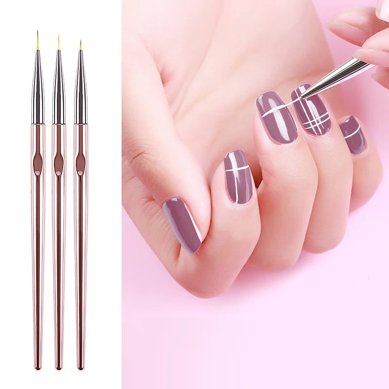 Kuas Liner Brush Akrilik Rose Gold Nail Art Kuas Lukis Garis Lurus Kuku Set Brush Liner 3PCS F807