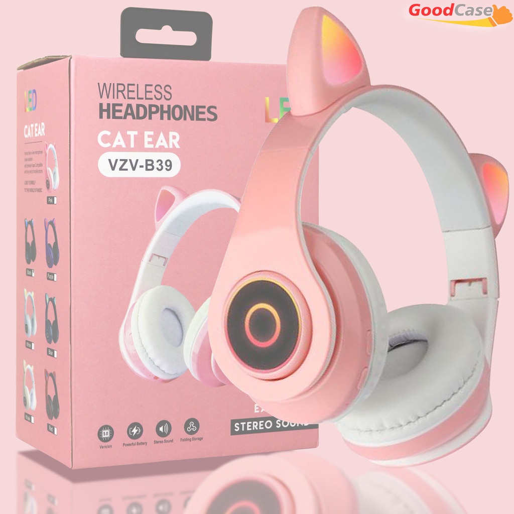 B39 JST28 Headset Anak Motif Kuping Kucing Bando Model Telinga / Handphone Bluetooth LED On-Ear Bass