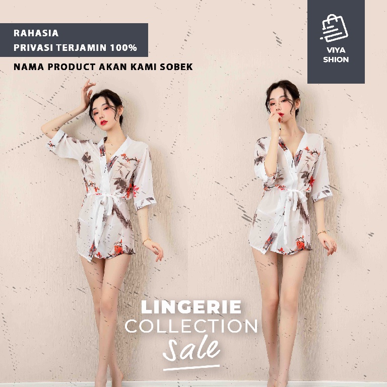 Kimono Lingerie Set Dress Gaun Piyama Baju Tidur Sexy Wanita Seksi Bunga Putih Flowers Cosplay Hot Dewasa Premium-1