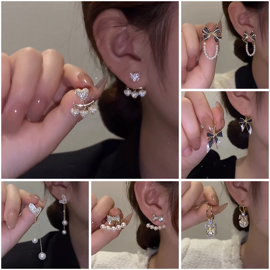 Anting Stud 925 Silver Needle Bentuk Kupu-Kupu Aksen Mutiara Bahan Zirkon Warna Hitam Untuk Wanita