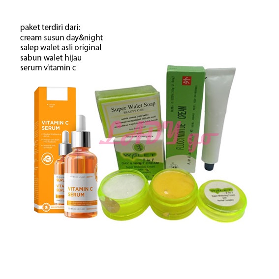 Paket Lengkap Cream Walet 2in1 Original [Sabun Walet hijau - Salep Anti Iritasi - Day Cream - Night Cream] Walet 2 in 1 Super Whitening Cream Plus Serum Vitamin C