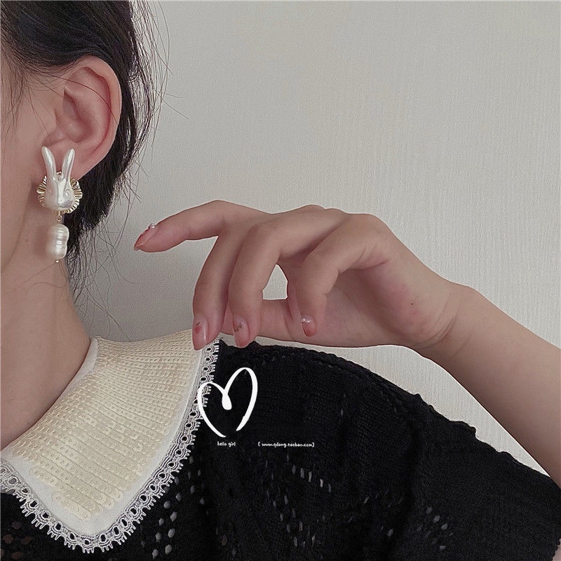 Knock lembut dan menggemaskan kelinci baroque mutiara anting-anting menyenangkan online influencer e