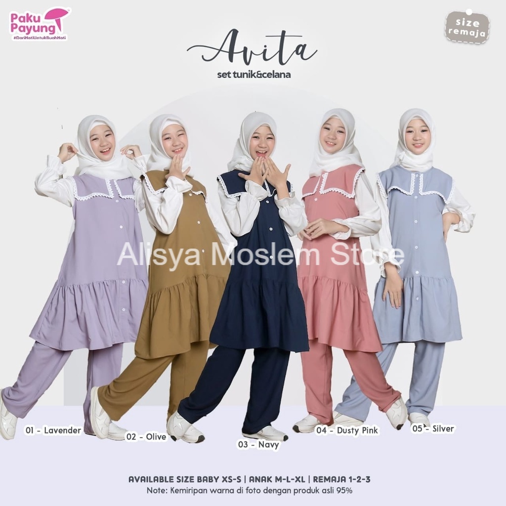 FASHION MUSLIM Set Tunik + Celana Remaja Avita Series By Pakupayung Size 1-3 (8-13th)