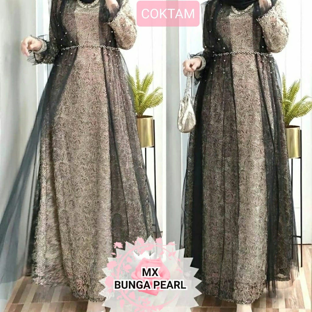 MX BUNGA PEARL GAMIS FASHION WANITA / BAJU PESTA /BRUKAT IMPORT ORIGINAL /MUTIARA TEMBAK