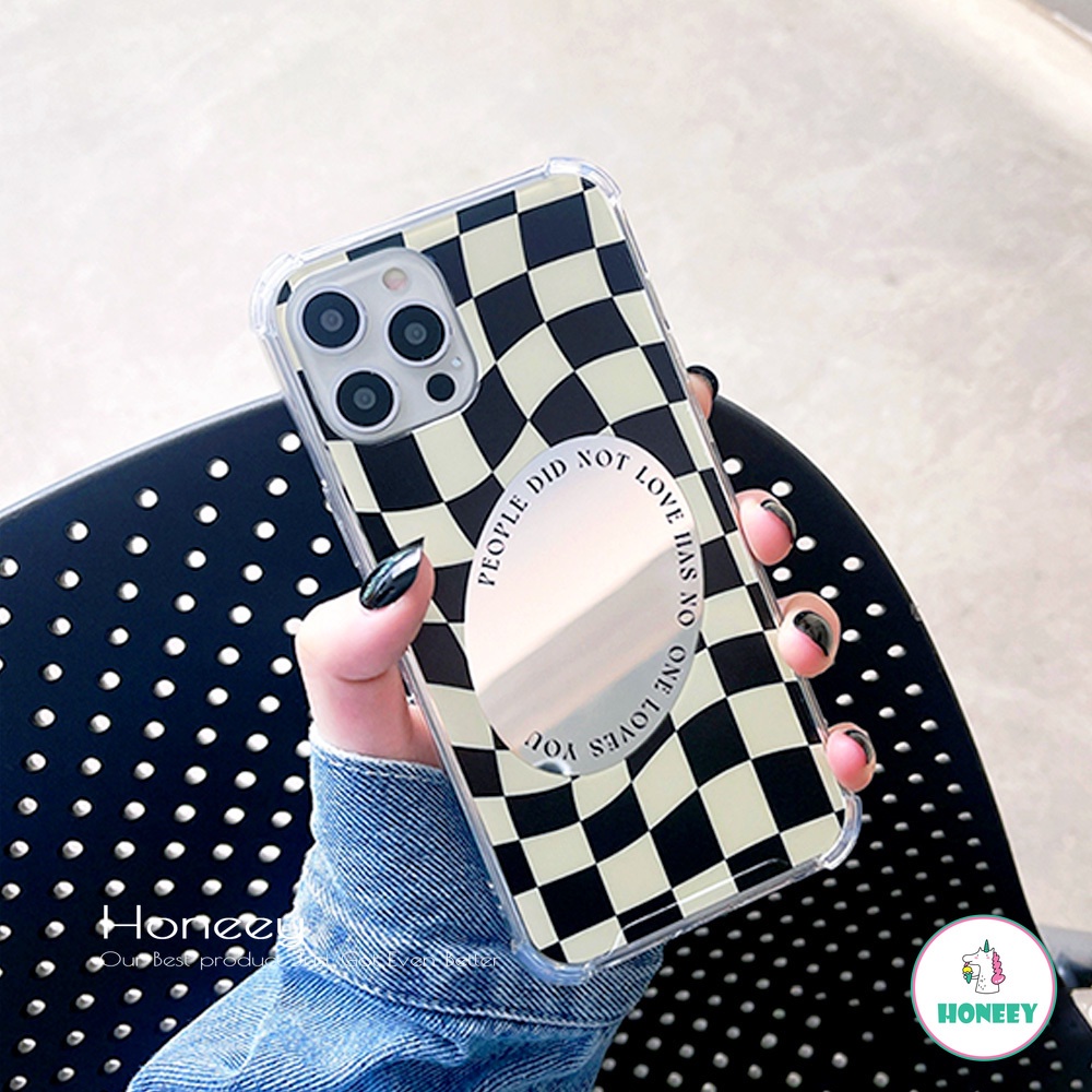 Ins Checkerboard Spin Make Up Mirror Phone Case compatible for IPhone 14 13 12 11 Pro Max X Xs Max XR 8 7 Plus Shockproof Transparent Soft TPU Back Cover