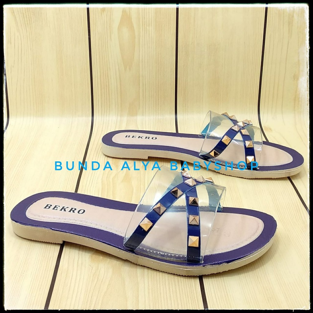 Sandal Wanita Slop Flat Size 36 - 40 NAVY - Sendal Selop Transparan Sandal Flat Wanita OpenToe SALE