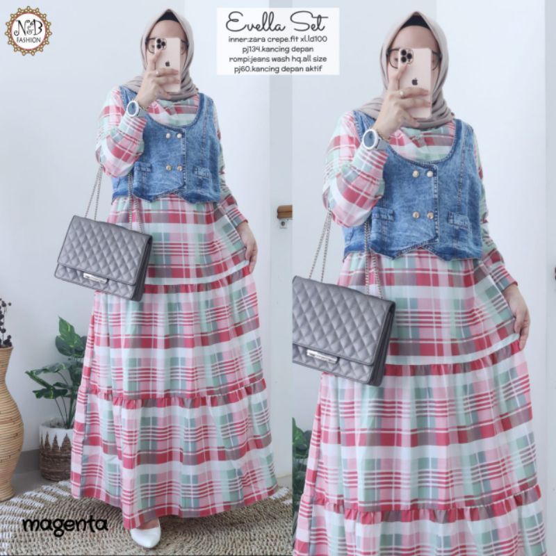 SETELAN GAMIS WANITA EVELLA SET BY NNB/INNER CREPE ROMPI JEANS WASH HQ/LD 100 ALLSIZE KANCING DEPAN 