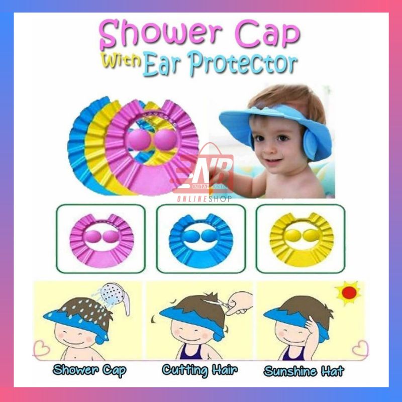Topi keramas bayi / Shower cap / Topi keramas dengan penutup telinga / Topi keramas dilengkapi kancing / Topi Hujan