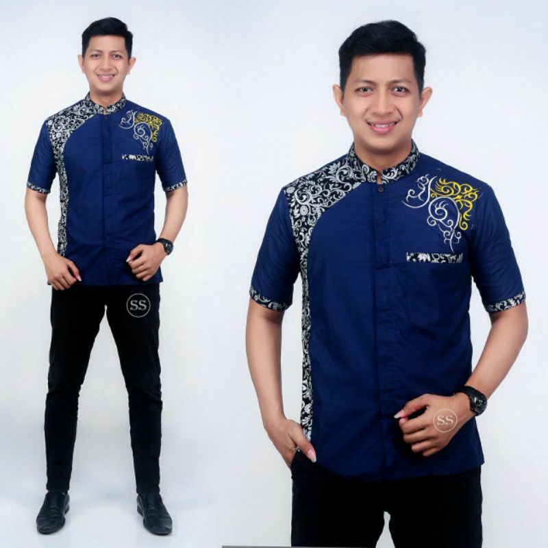 Baju Koko Batik Pria Lengan Pendek Modern Mix Bordir Halus