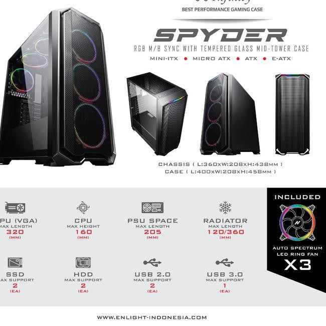 CASING SPYDER - E-ATX | RGB LED + 3 Fan AutoRing | Temper