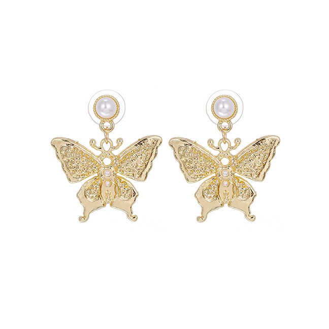LRC Anting Tusuk Fashion Golden Copper Pearl Butterfly Stud Earrings K42364