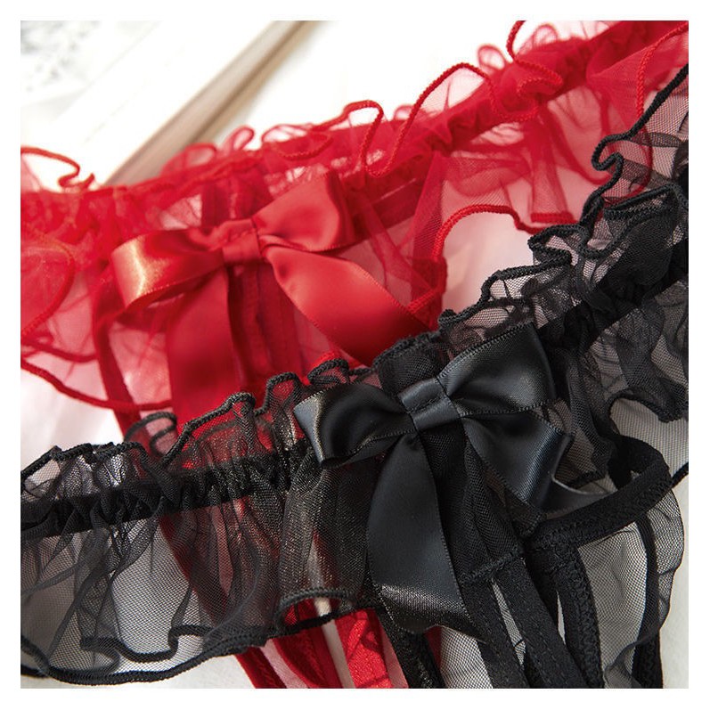 (COD) Sexy Lingerie Wanita Set transparan busur Besar dihiasi Lace Thong Open A502-