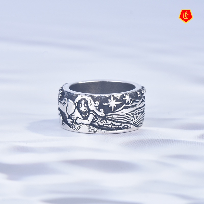 [Ready Stock]Silver Creative Simple Starry Sky Dog and Girl Ring