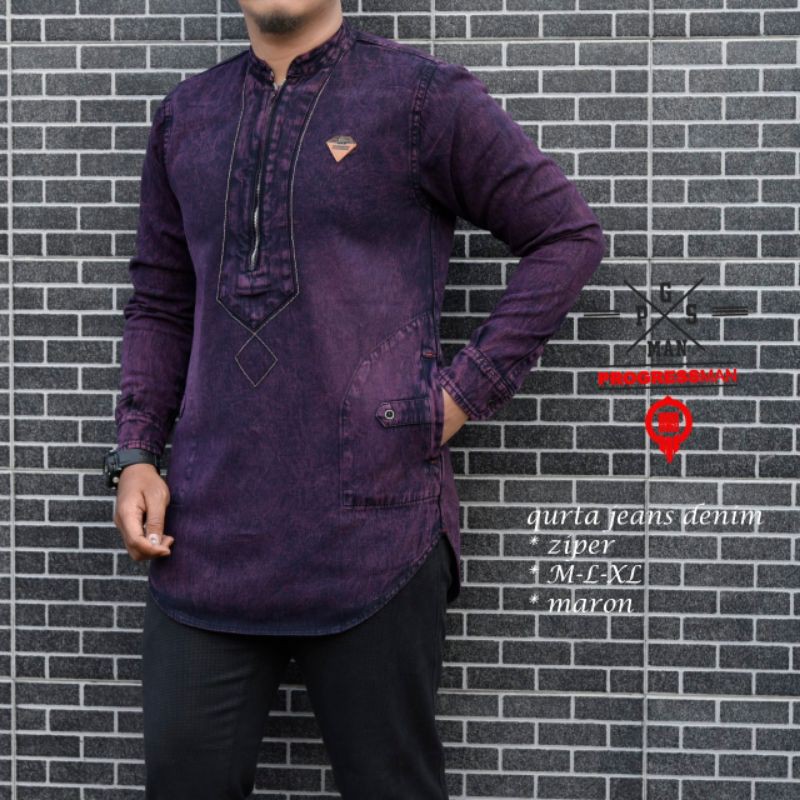 Koko denim pria lengan panjang / qurta denim ziper Pakistan premium
