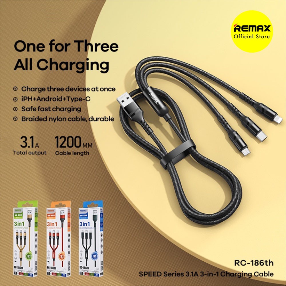 REMAX Charging Data Cable 3in1 Speed Series Micro USB - Type C - Lightning RC-186
