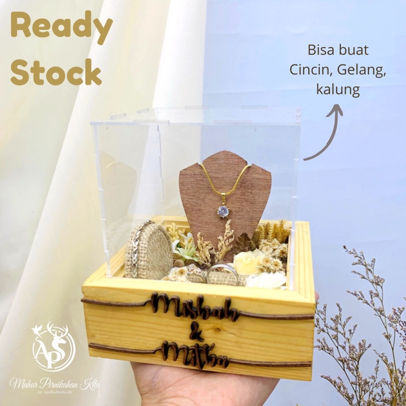 TEMPAT CINCIN  DAN KALUNG | KOTAK PERHIASAN LAMARAN PERNIKAHAN WOODEN DELUXE AQUA RUSTIC ACRYLIC FULL SET 13x13x13,7 cm