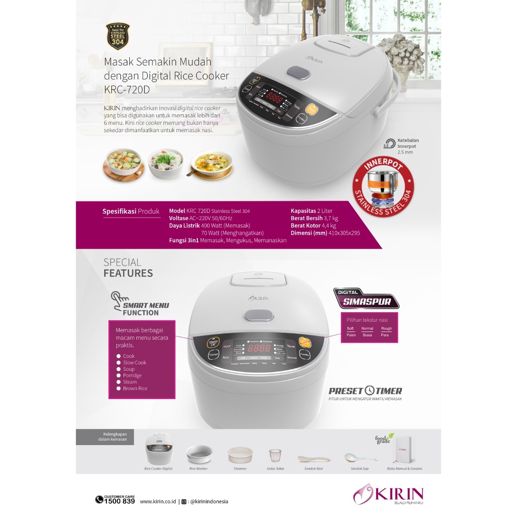 Kirin KRC-720D Rice Cooker Digital Serbaguna Kapasitas 2 Liter