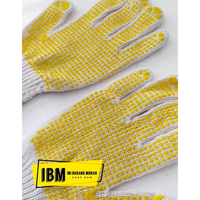 sarung tangan katun putih bintik karet kuning/sarung tangan polkadot