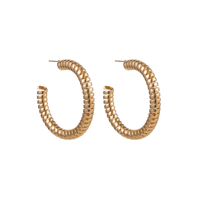 LRC Anting Tusuk Fashion Golden C-shaped Circle Alloy Spring Flower Concave-convex Earring