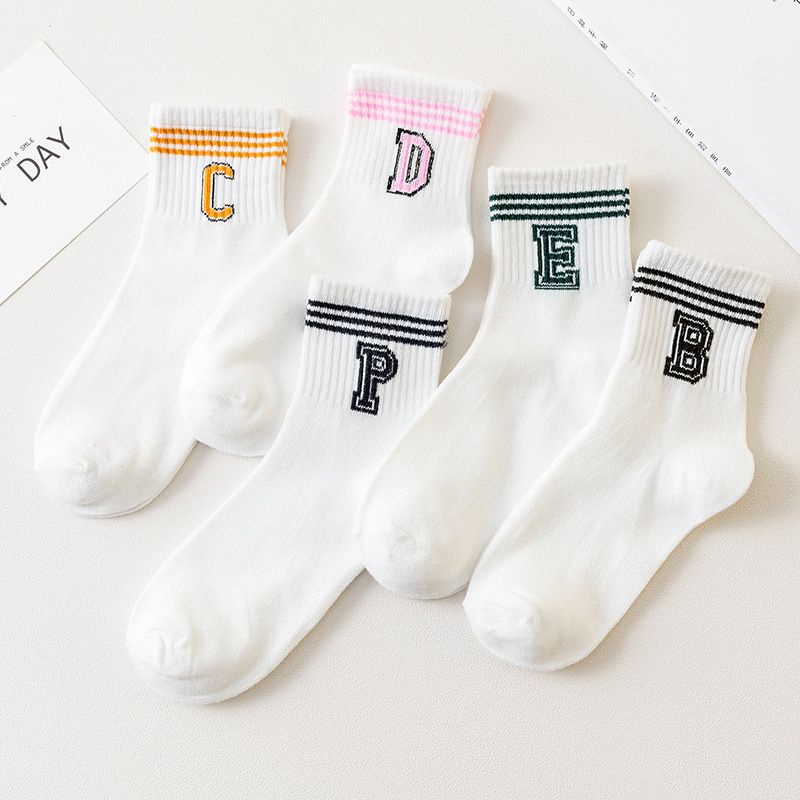 [littlecrab] Kaos Kaki Huruf E D P B C Cute Alphabet Women Socks Kaos Kaki Putih Soft Lembut Simple Berkualitas Kaos Kaki Lucu High Quality Kaos Kaki Panjang Korean Style