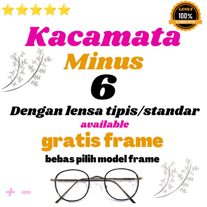 kacamata minus 6 lensa tipis hi index 1.67 dengan standar optik, untuk bebas pilihan