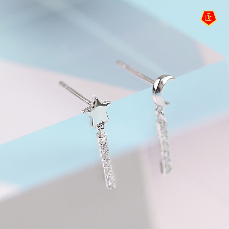 [Ready Stock]S925 Silver Small Star and Moon Ear Studs Simple Graceful