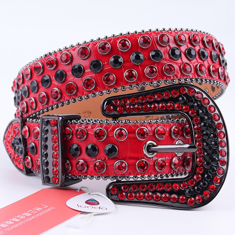 Genuine Leather Red Rhinestone Belt Luxury Designer Cowboy Belt Bling Dimond Studded Belts For Woman