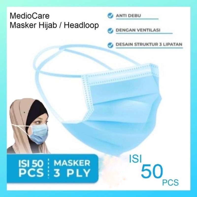 Masker 3ply Hijab Headloop Warna BIRU isi 50pcs per box 3 PLY 50 Pcs 1box Jilbab Earloop perbox kotak Disposable Mask Head Loop BLUE