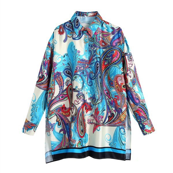 33375 Kemeja Biru Satin Oversize Lengan Panjang Blue Paisley Blouse