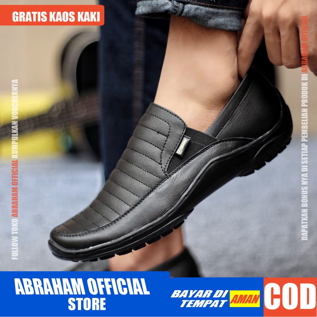 CORALOW  Sepatu Casual Formal Kulit Asli Original Slip On Slop Kasual Kerja Kantor Kondangan Pantofel Keren Anti Slip Pria Cowok