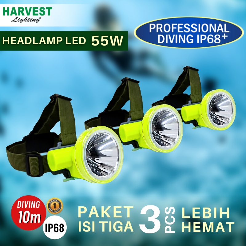 55W - PAKET ISI 3 - Headlamp HARVEST LIGHTING Senter Kepala LED Professional DIVING IP68 2600 MAH Lampu Emergency Selam Spearfishing Travel Hunting Rechargeable  Original  Bergaransi