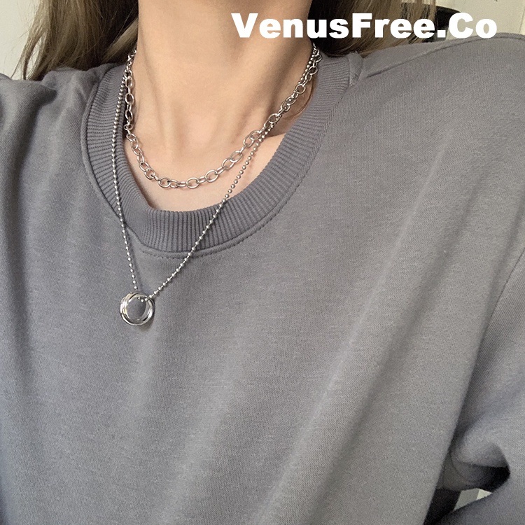 Kalung Rantai Panjang Liontin Cincin Ganda Warna silver Gaya hip hop Untuk Pria Dan Wanita