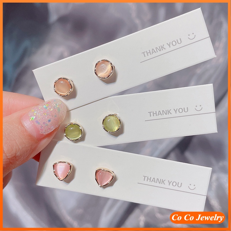 Japanese and Korean new S925 Sterling Silver Needle Dangler Heart-shaped Cat's Eye Earrings Set INS Fashion Simple and Compact Geometric Eardrop Accessories Jewelry Gifts