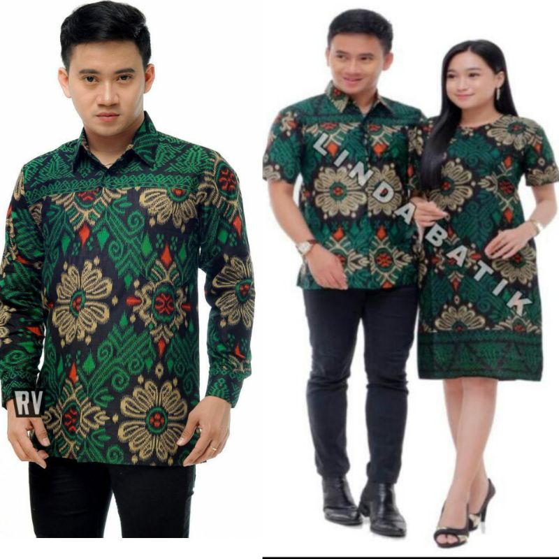 BAJU BATIK KEKINIAN-BAJU BATIK PRIA WANITA( couple batik) BATIK WARNA HIJAU BOTOL MOTIF SONGKET KECUBUNG HIJAU