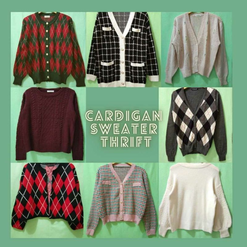 Cardigan&sweater/ sweater lengan balon,rajut jaring, fuzzy, vest thrift-0