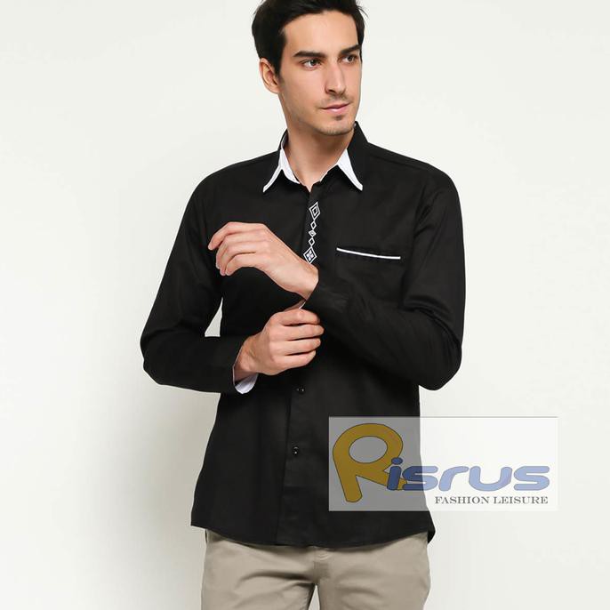 HEM VOLCOM KEMEJA PRIA LENGAN PANJANG KEMEJA COWO COWOK POLOS SLIM FIT - Hitam, XS