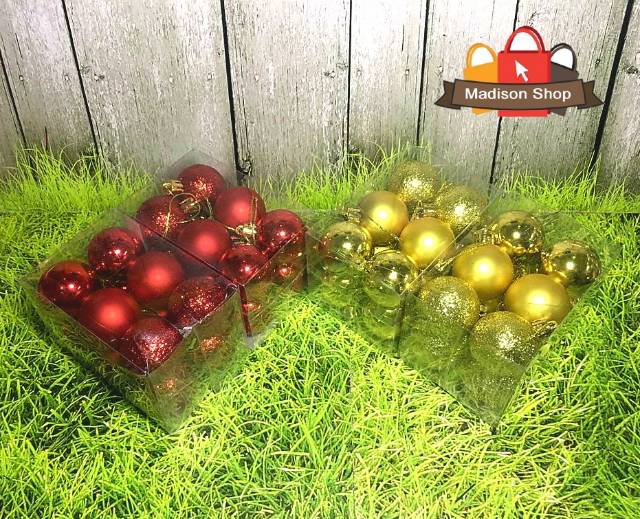 HIASAN BOLA NATAL 5 CM ISI 12 MURAH DEKORASI NATAL TINSEL SELINGER PARCEL NATAL KRANS PITA BOLA NATAL