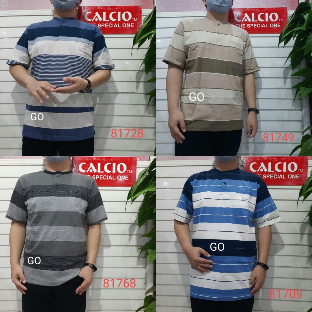 gof M CALCIO OBLONG KANCING Kaos Pria Laki-Laki Oblong Garis-Garis Lengan Pendek Saku Salur