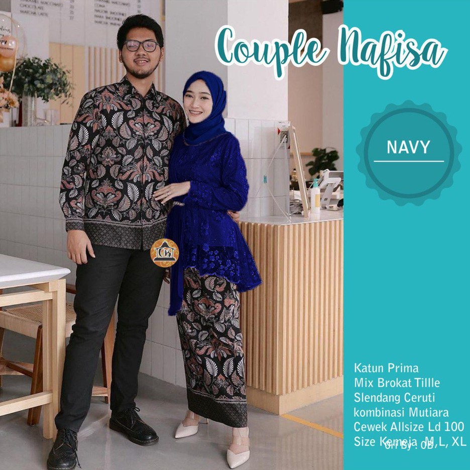 Batik Brokat Kebaya Couple Jumbo Modern, Kebaya Tunangan Sarimbit Kondangan, Kebaya Wisuda Amalia-Couple Navy
