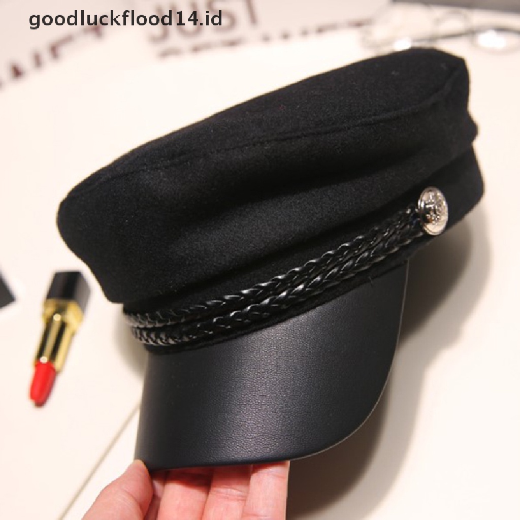 [OOID] Leather Military Hat  Sailor Hats Flat Top Captain Cap Travel Cadet Hat ID