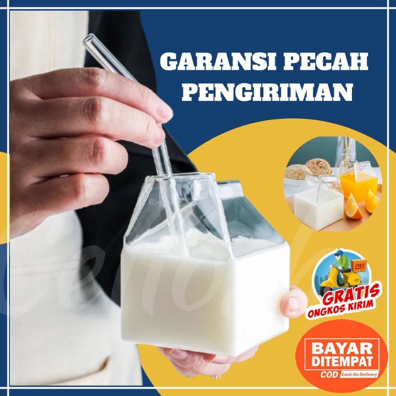 Gelas Susu Kaca Estetik Unik Lucu Bentuk Kotak Design Milk Box Aesthetic