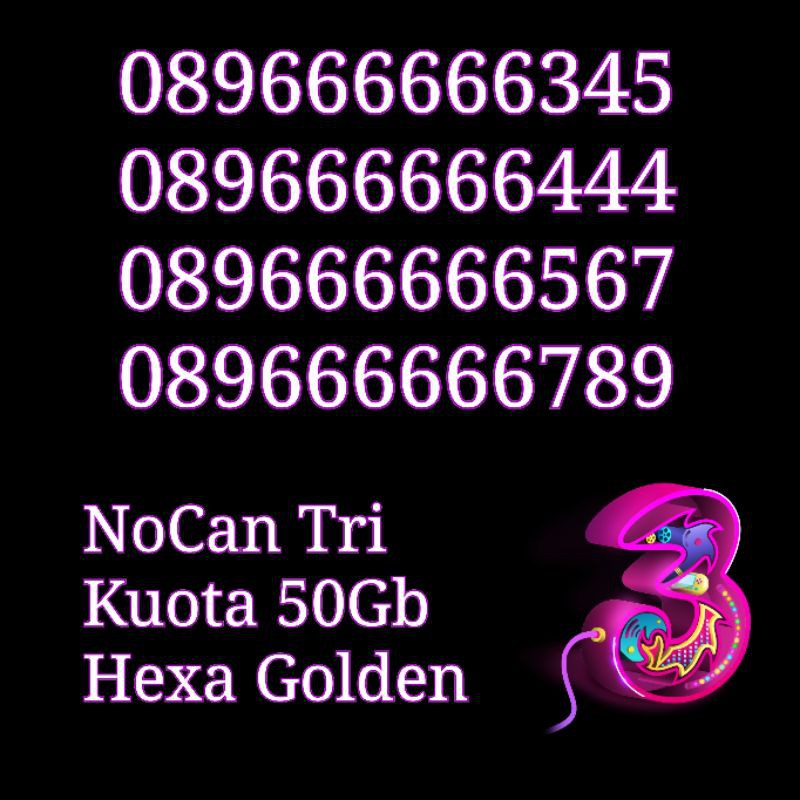 Nomor Cantik NOCAN Hexa 6 Kartu Perdana Tri Three 4G LTE Kuota 50 GB Golden